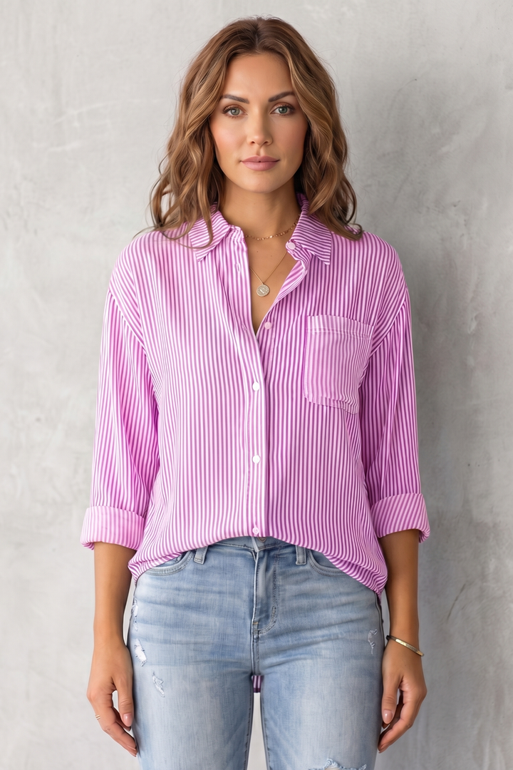 Women's Striped Button-Up Shirt with Chest Pocket - Sylvienne