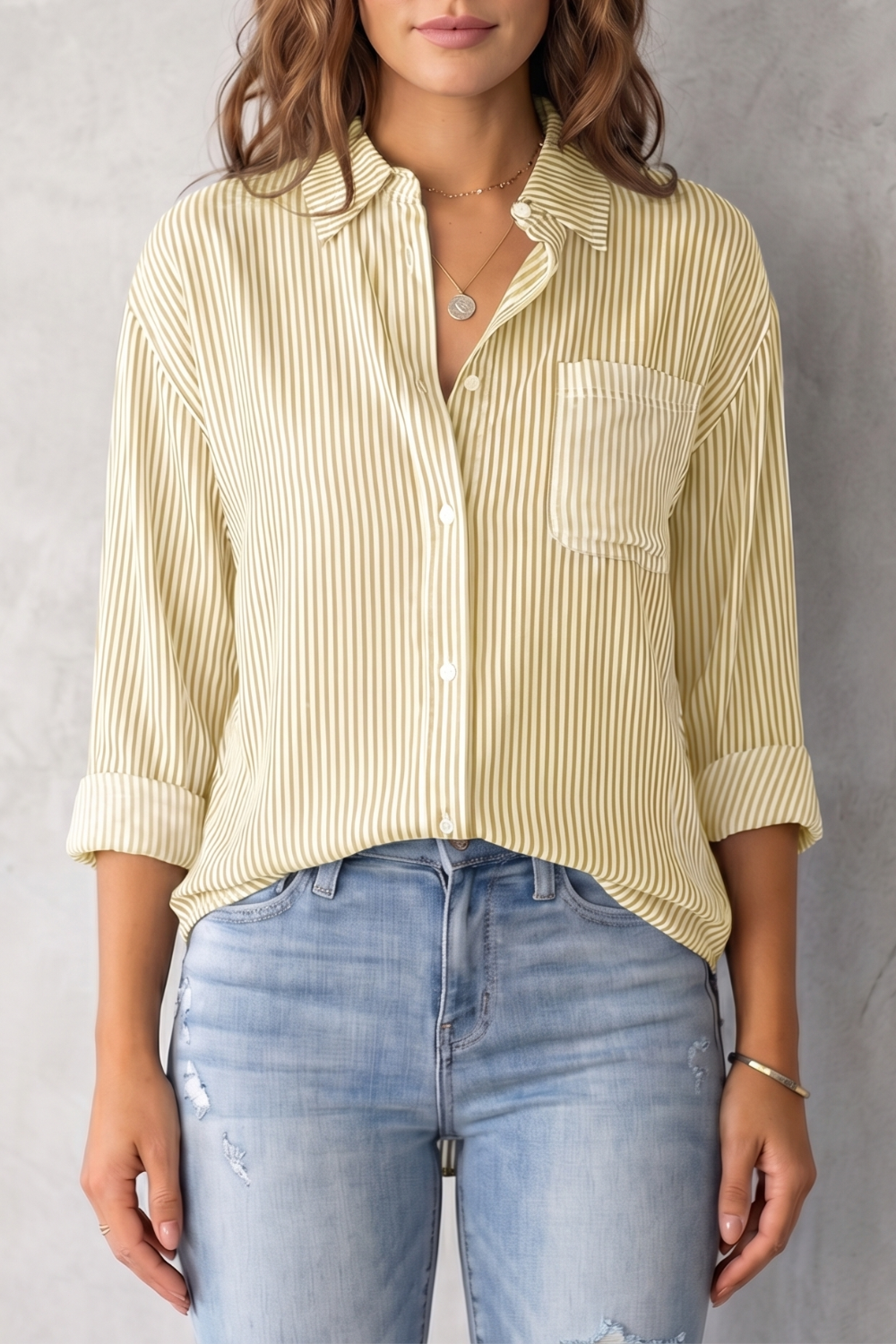 Women's Striped Button-Up Shirt with Chest Pocket - Sylvienne