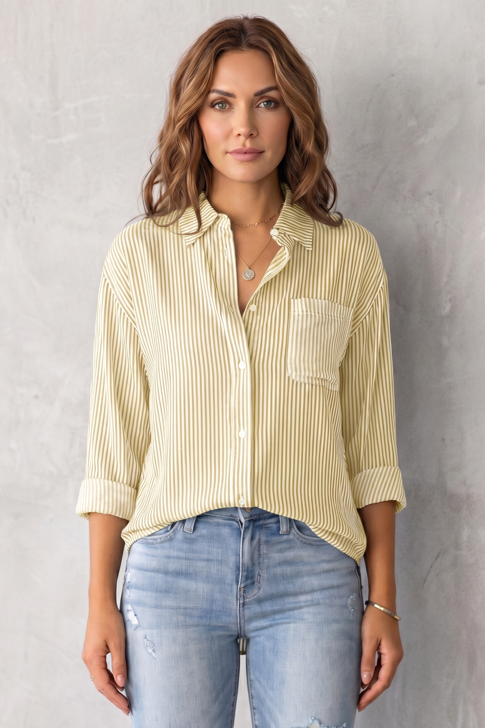 Women's Striped Button-Up Shirt with Chest Pocket - Sylvienne