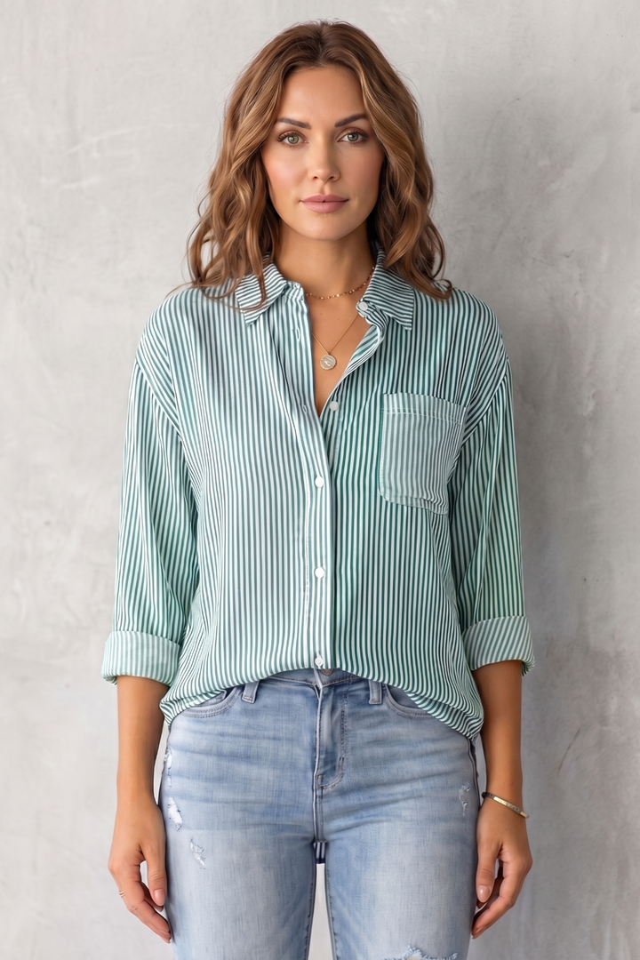 Women's Striped Button-Up Shirt with Chest Pocket - Sylvienne