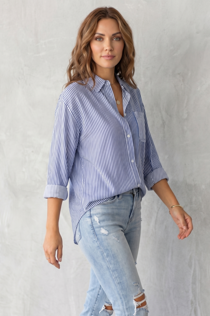Women's Striped Button-Up Shirt with Chest Pocket - Sylvienne