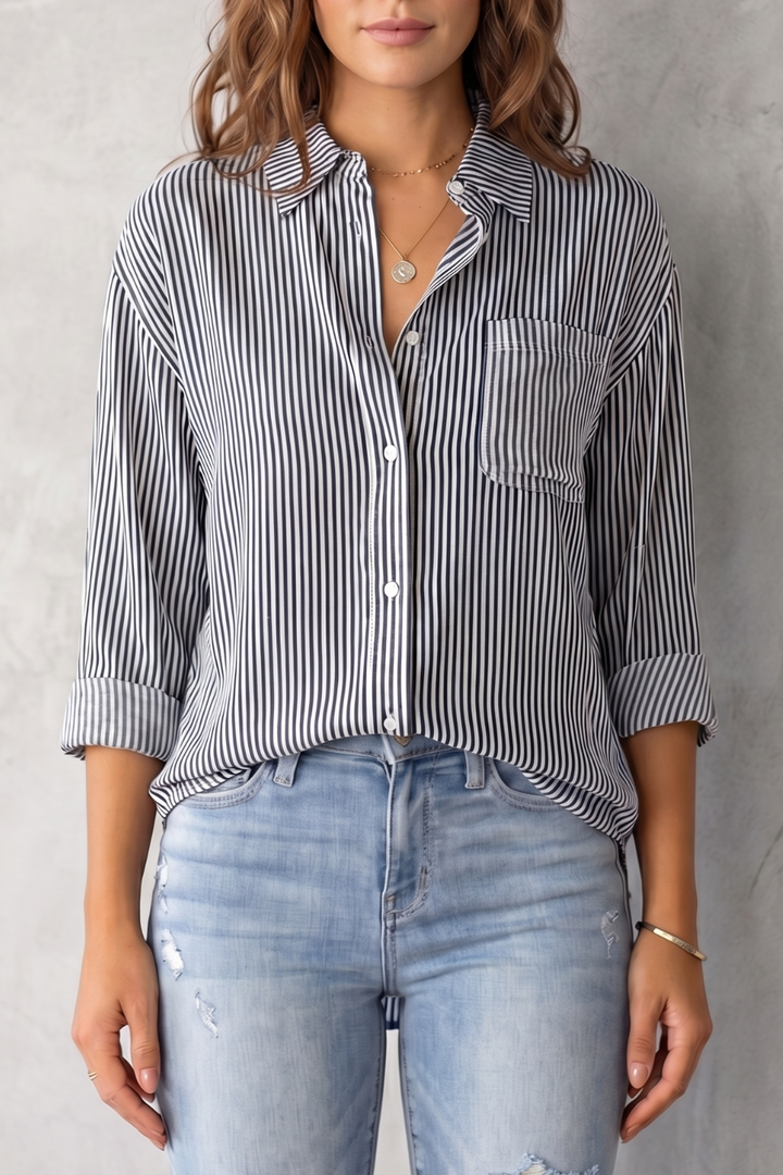 Women's Striped Button-Up Shirt with Chest Pocket - Sylvienne