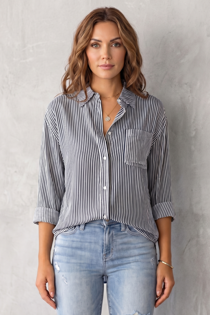 Women's Striped Button-Up Shirt with Chest Pocket - Sylvienne