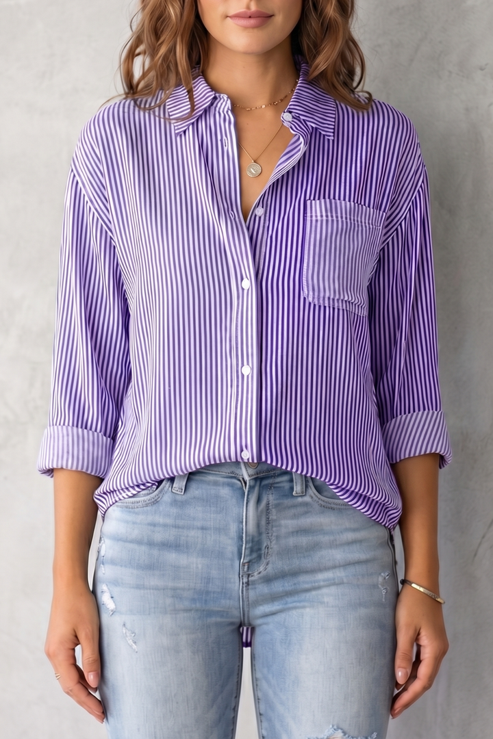 Women's Striped Button-Up Shirt with Chest Pocket - Sylvienne