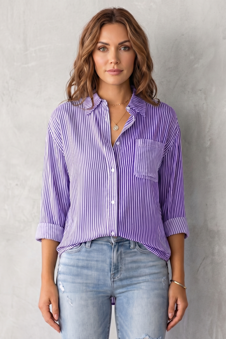 Women's Striped Button-Up Shirt with Chest Pocket - Sylvienne