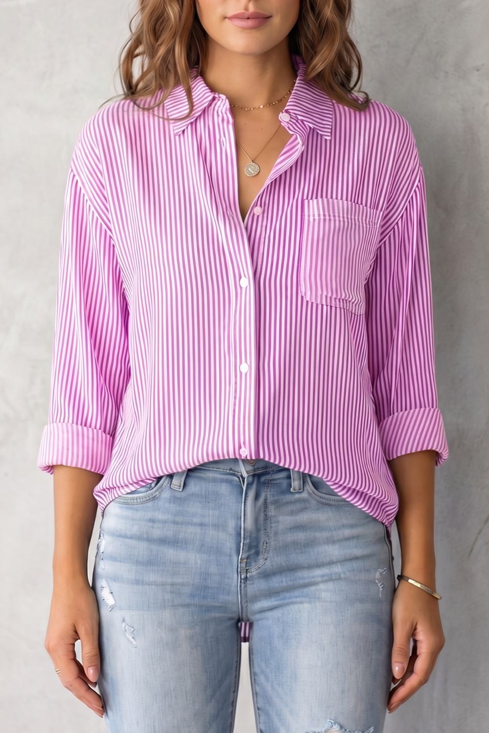 Women's Striped Button-Up Shirt with Chest Pocket - Sylvienne