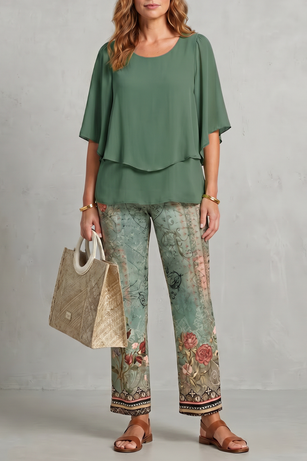 Women's Floral Print Top and Wide Leg Trouser Set - Coralienne