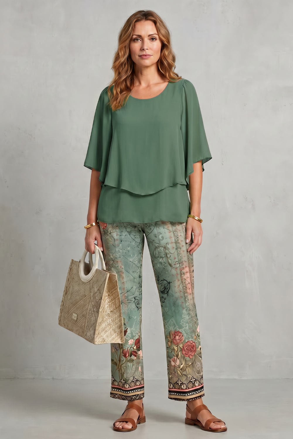 Women's Floral Print Top and Wide Leg Trouser Set - Coralienne