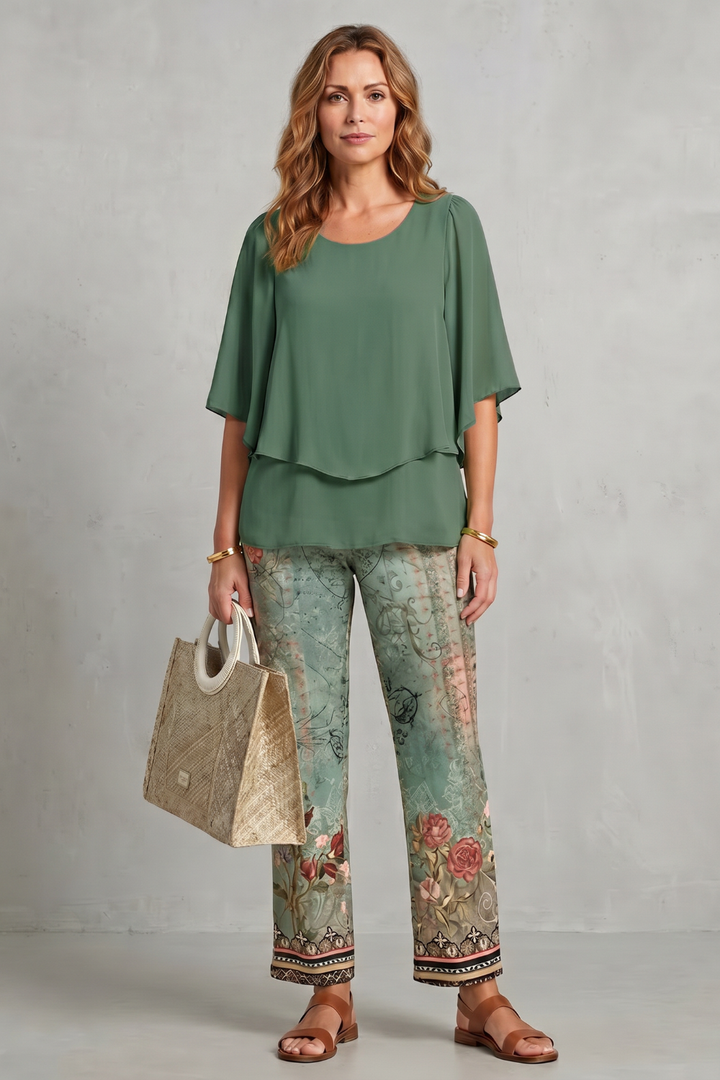 Women's Floral Print Top and Wide Leg Trouser Set - Coralienne