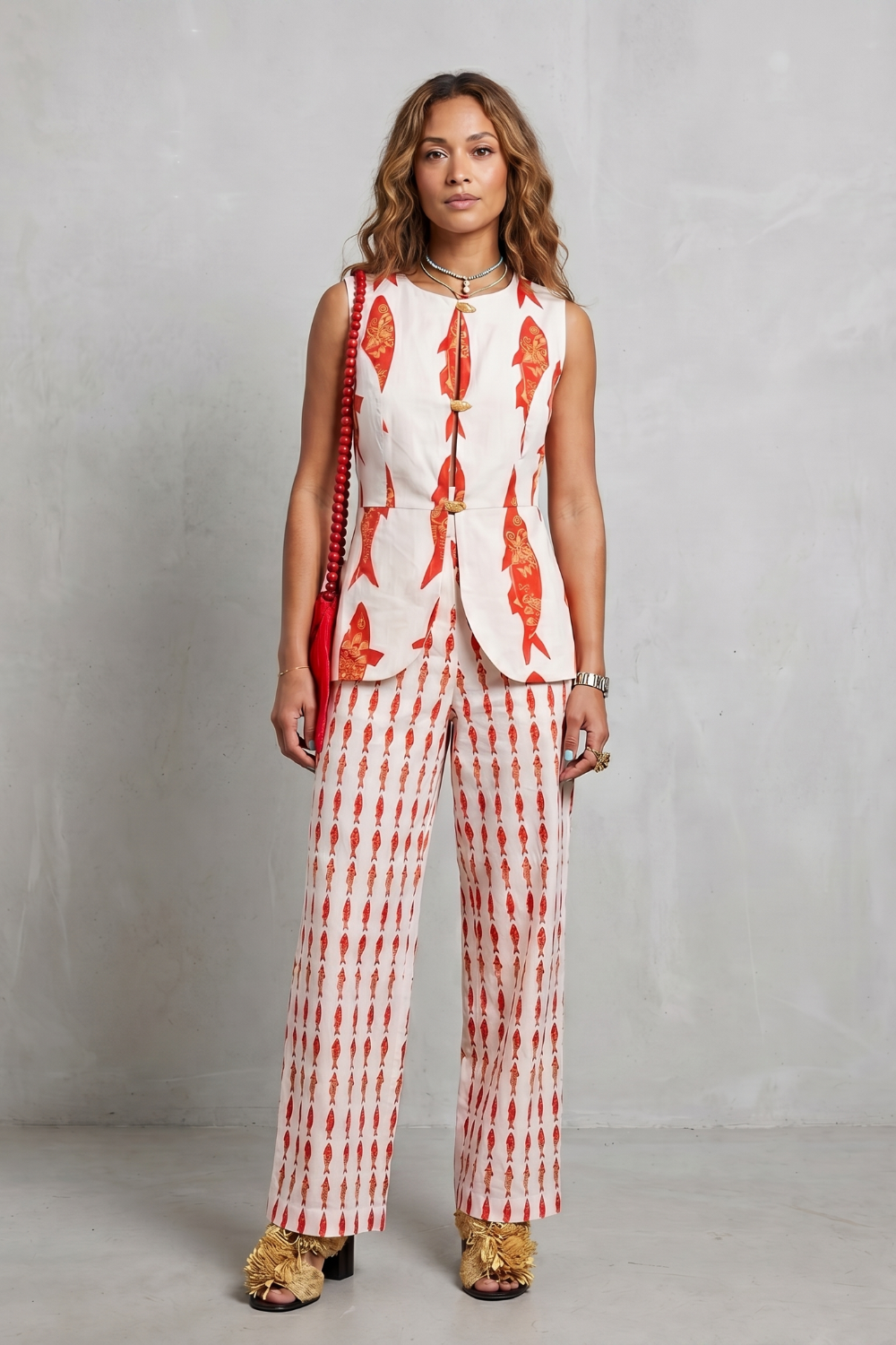 Women's Printed Waistcoat and Wide Leg Trouser Set - Alienor