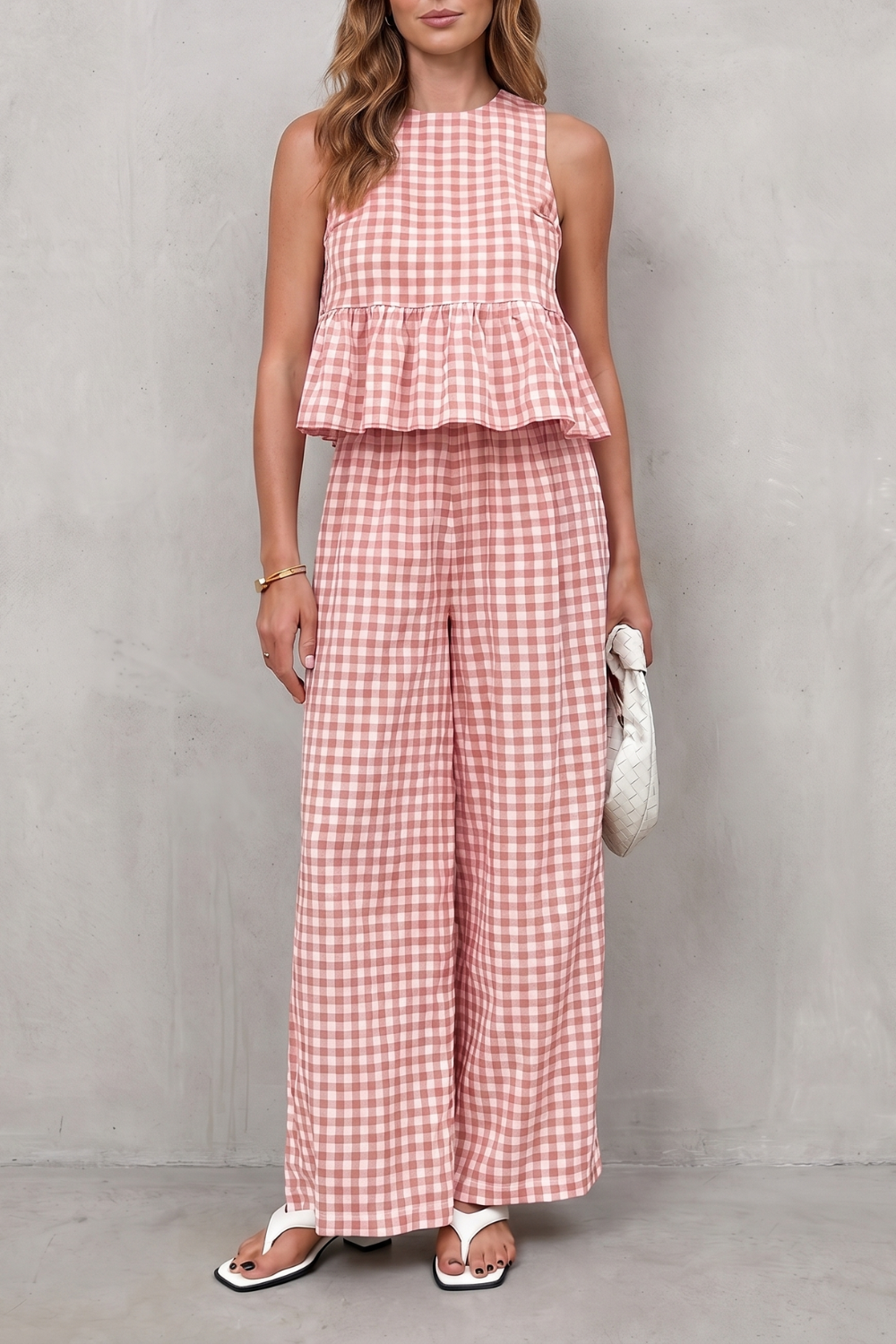 Women's Gingham Peplum Top and Trouser Co-ord Set - Adrienna