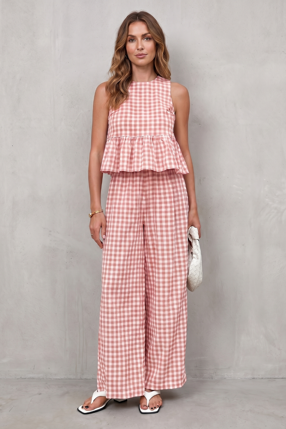 Women's Gingham Peplum Top and Trouser Co-ord Set - Adrienna
