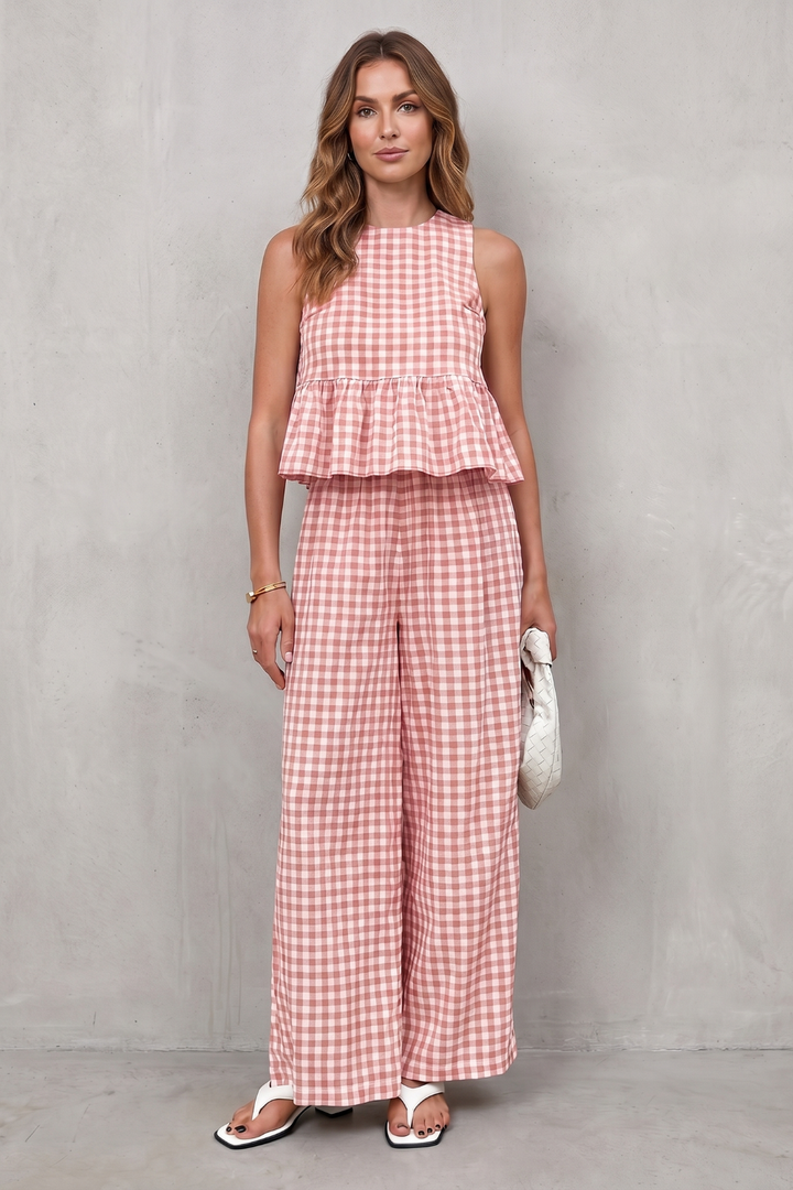 Women's Gingham Peplum Top and Trouser Co-ord Set - Adrienna