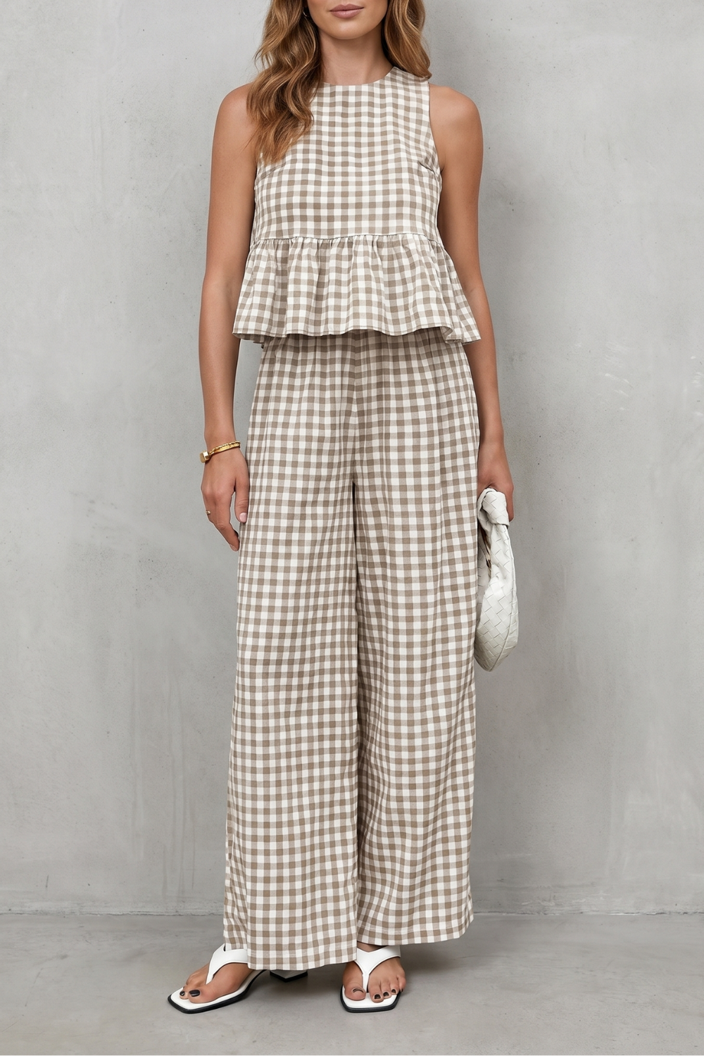 Women's Gingham Peplum Top and Trouser Co-ord Set - Adrienna