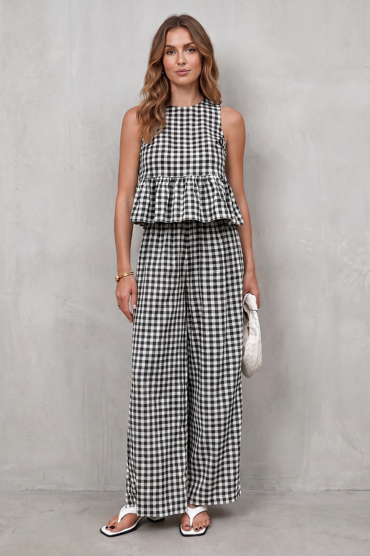 Women's Gingham Peplum Top and Trouser Co-ord Set - Adrienna
