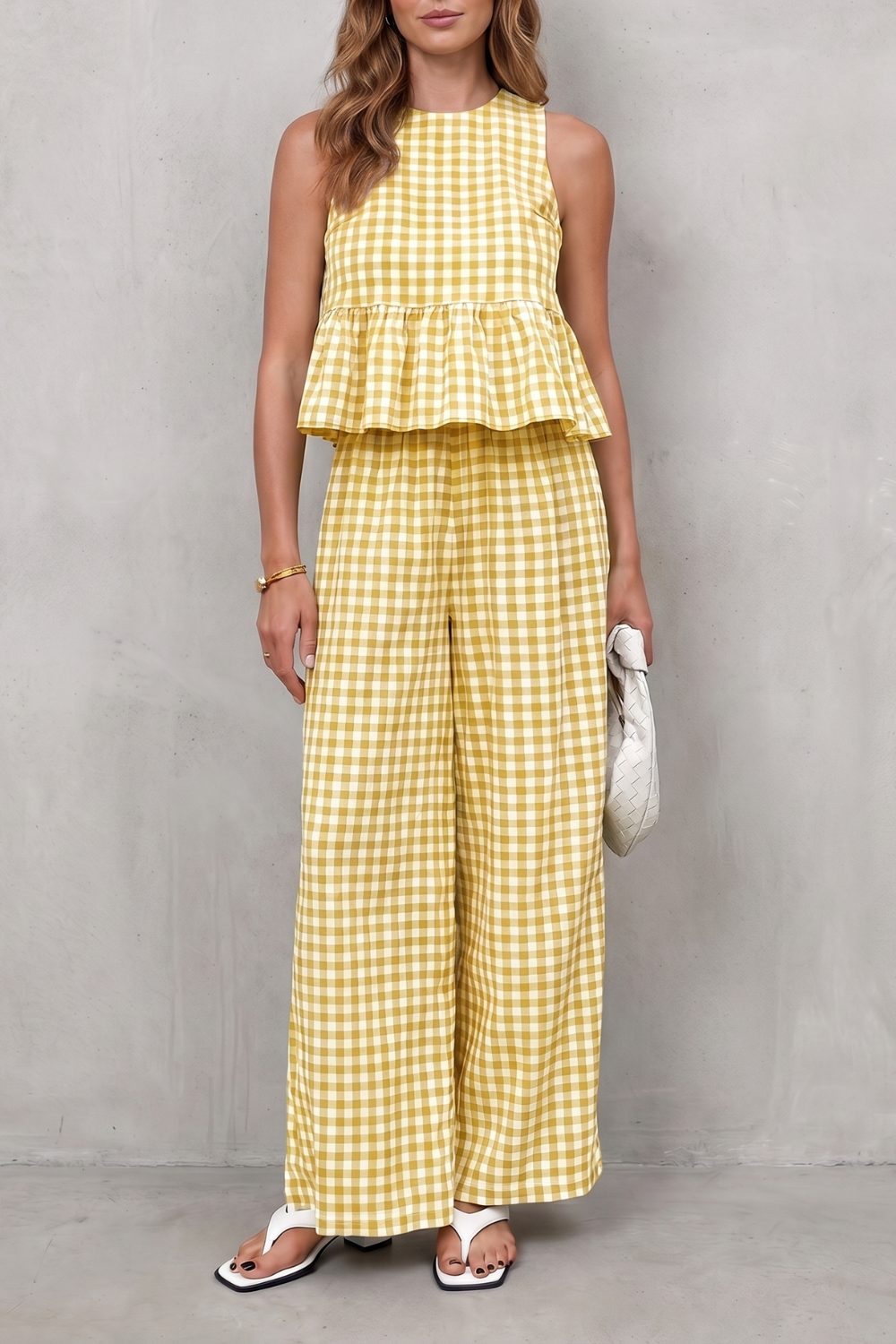 Women's Gingham Peplum Top and Trouser Co-ord Set - Adrienna