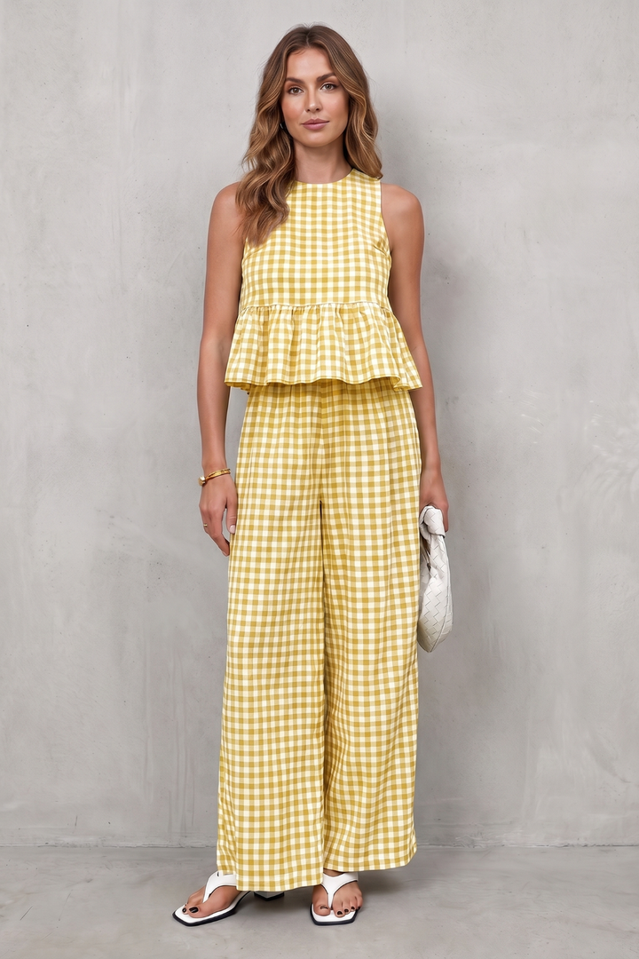 Women's Gingham Peplum Top and Trouser Co-ord Set - Adrienna