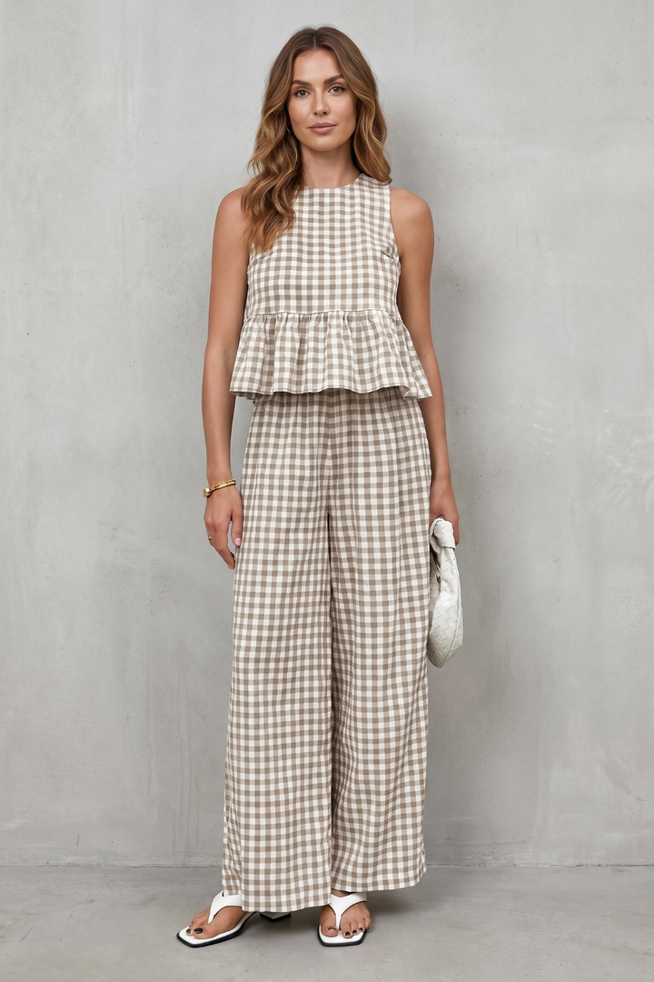 Women's Gingham Peplum Top and Trouser Co-ord Set - Adrienna