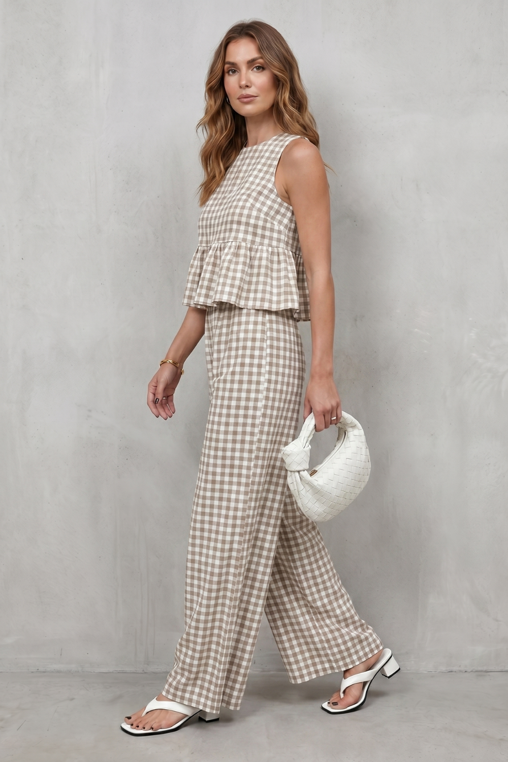 Women's Gingham Peplum Top and Trouser Co-ord Set - Adrienna