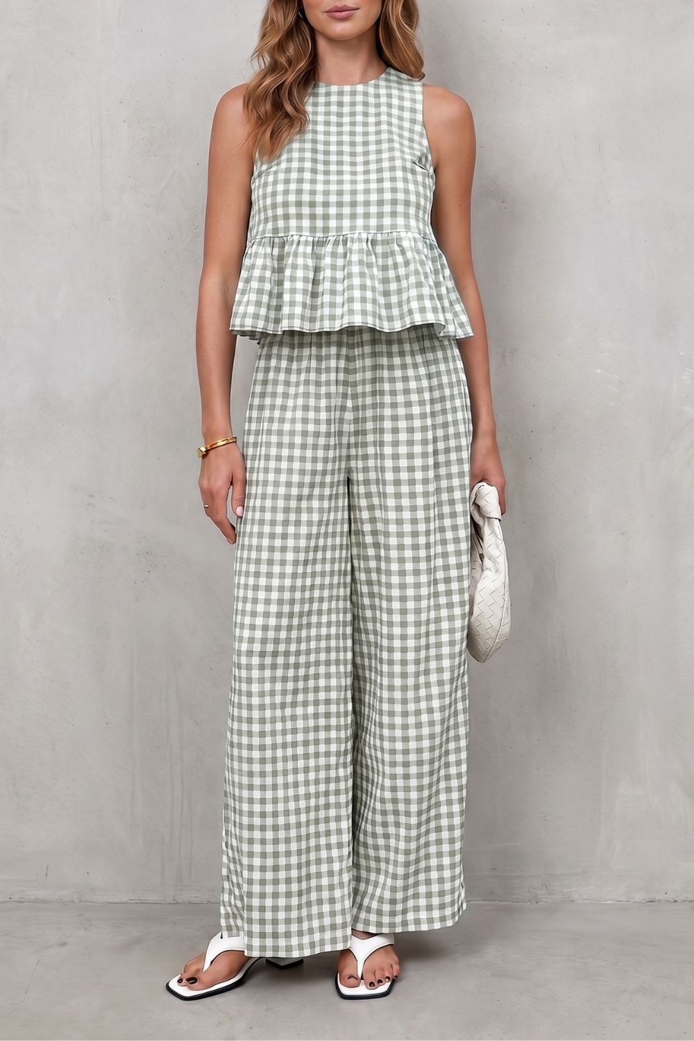 Women's Gingham Peplum Top and Trouser Co-ord Set - Adrienna