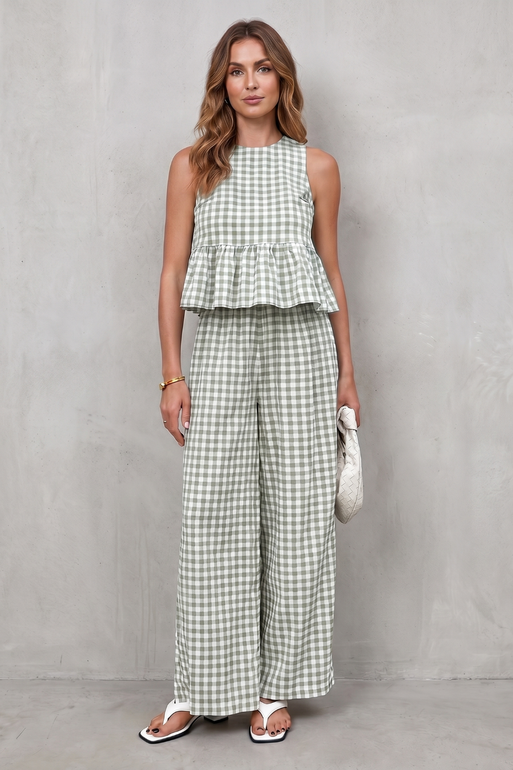 Women's Gingham Peplum Top and Trouser Co-ord Set - Adrienna