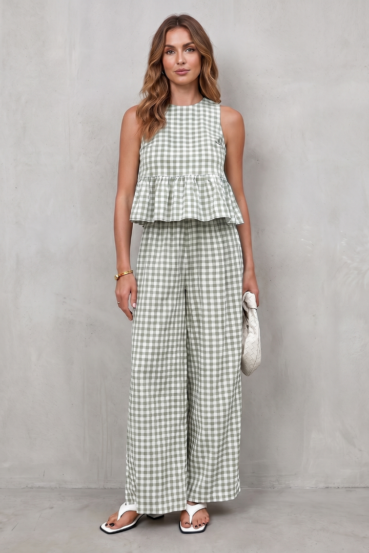 Women's Gingham Peplum Top and Trouser Co-ord Set - Adrienna