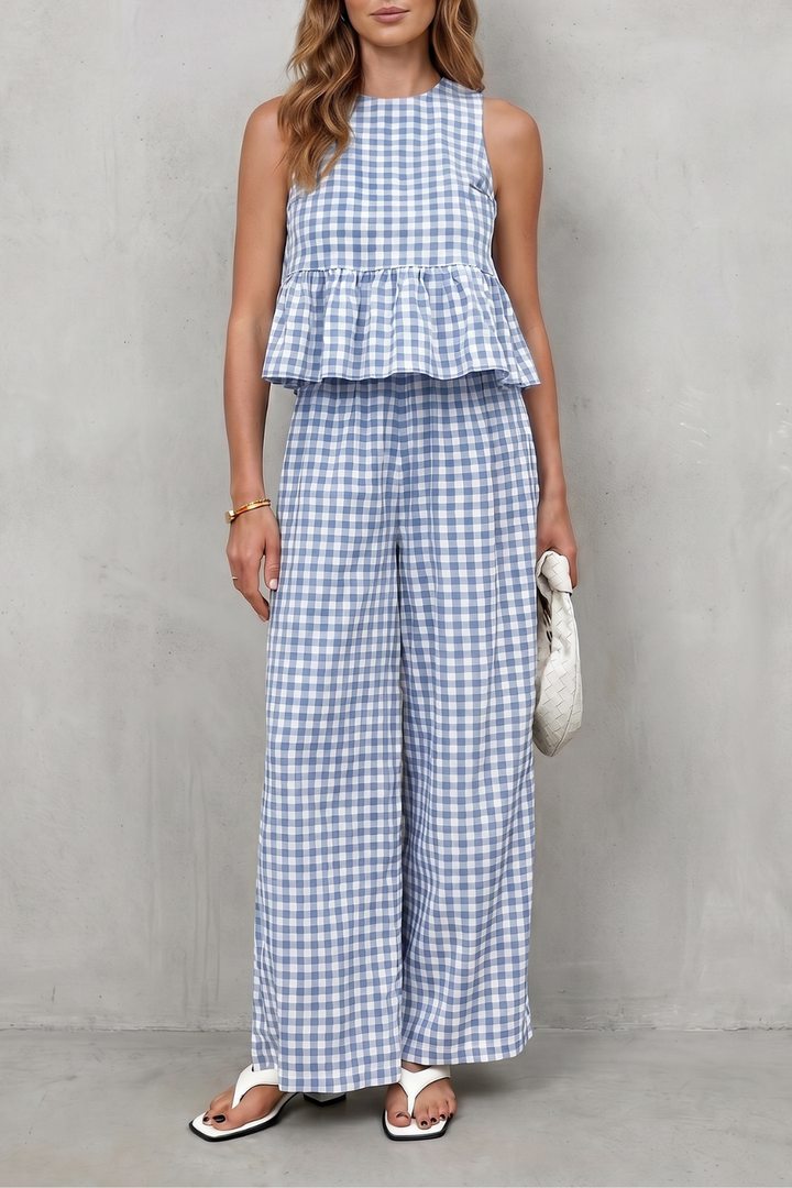 Women's Gingham Peplum Top and Trouser Co-ord Set - Adrienna