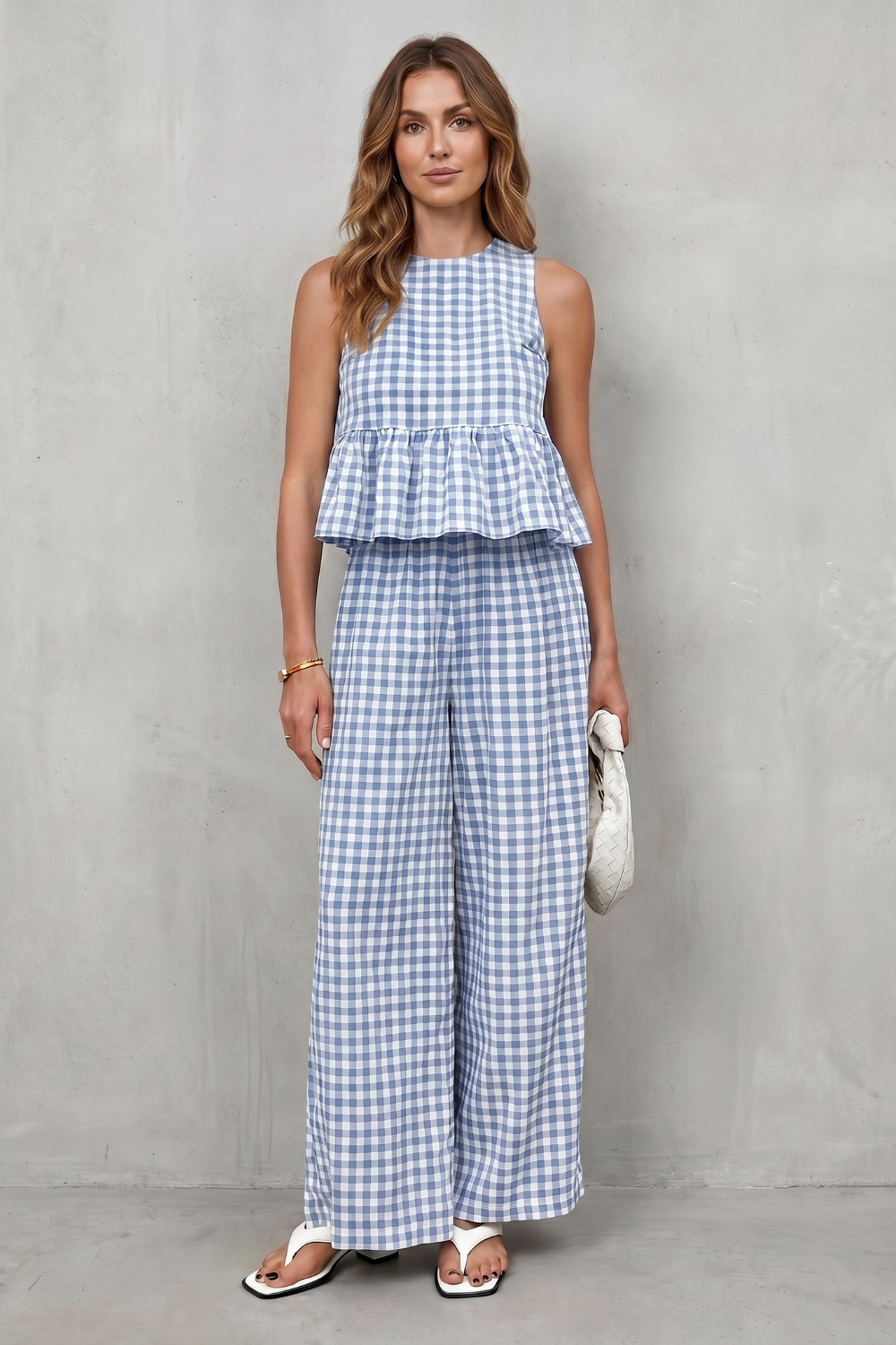 Women's Gingham Peplum Top and Trouser Co-ord Set - Adrienna