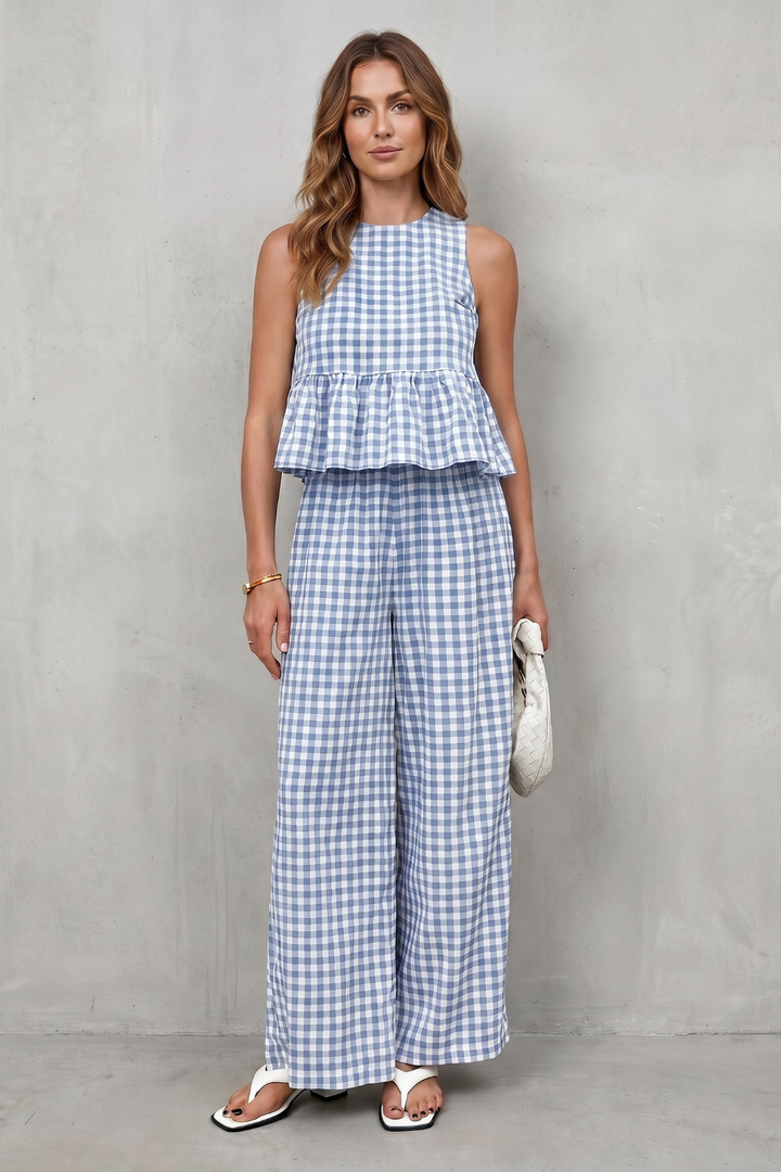 Women's Gingham Peplum Top and Trouser Co-ord Set - Adrienna