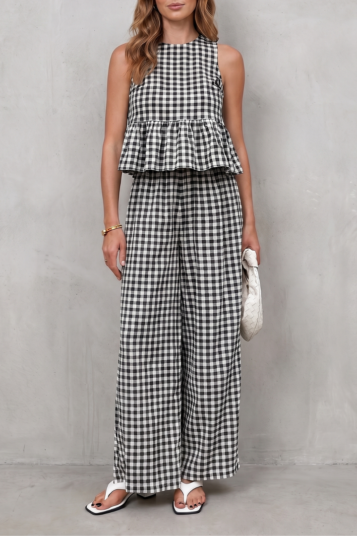Women's Gingham Peplum Top and Trouser Co-ord Set - Adrienna