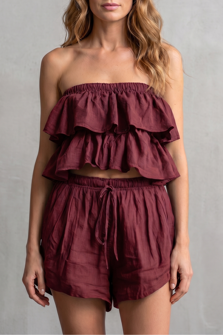 Women's Ruffle Bandeau Top and Shorts Co-ord Set - Henrielle