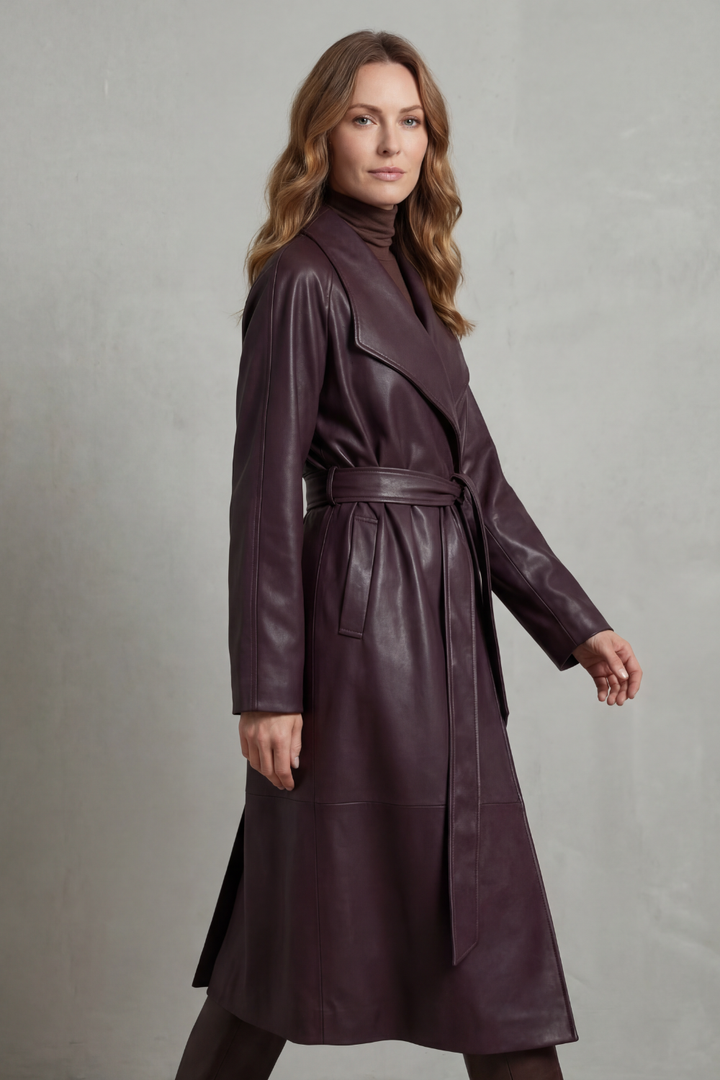 Women's Faux Leather Trench Coat with Waist-Cinching Design – Helena