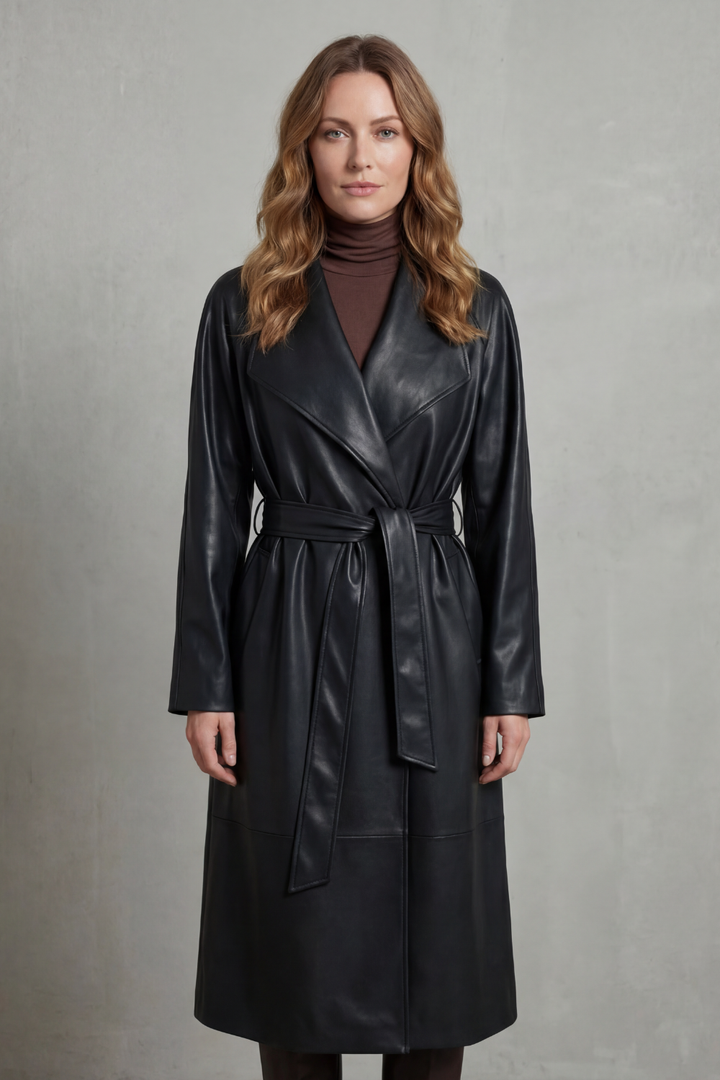 Women's Faux Leather Trench Coat with Waist-Cinching Design – Helena