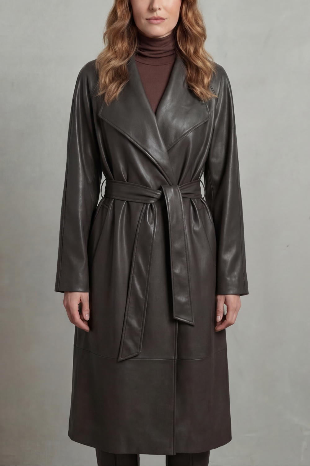 Women's Faux Leather Trench Coat with Waist-Cinching Design – Helena