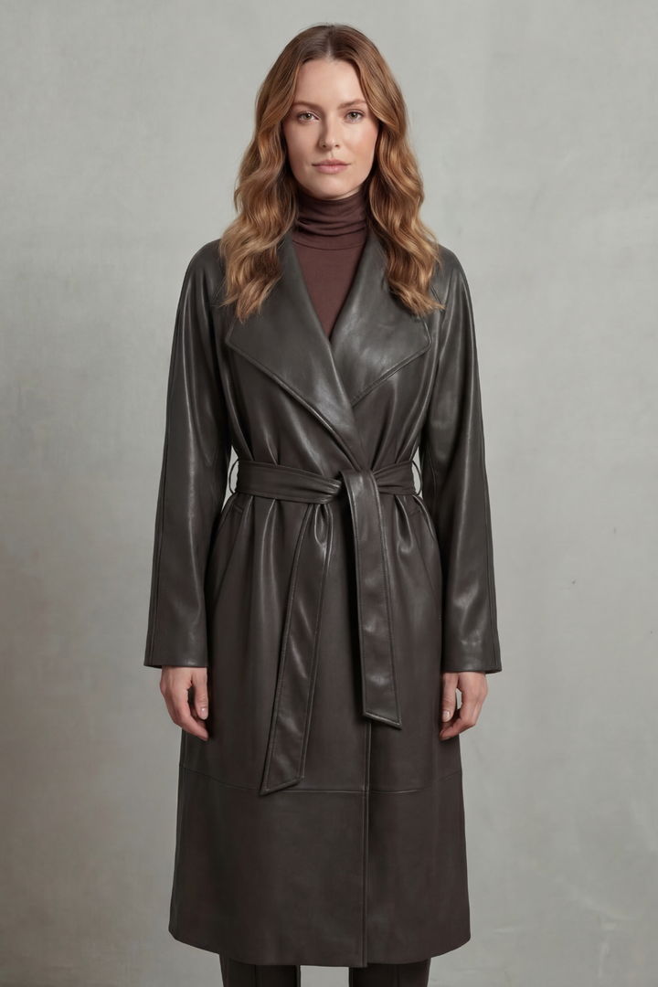 Women's Faux Leather Trench Coat with Waist-Cinching Design – Helena