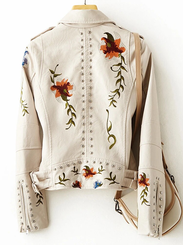 Women's embroidered biker jacket Susannah in Beige – back view