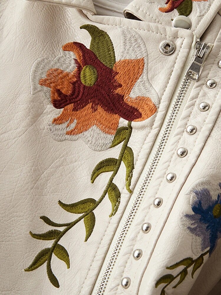 Women's embroidered biker jacket Susannah in Beige – floral embroidery close-up