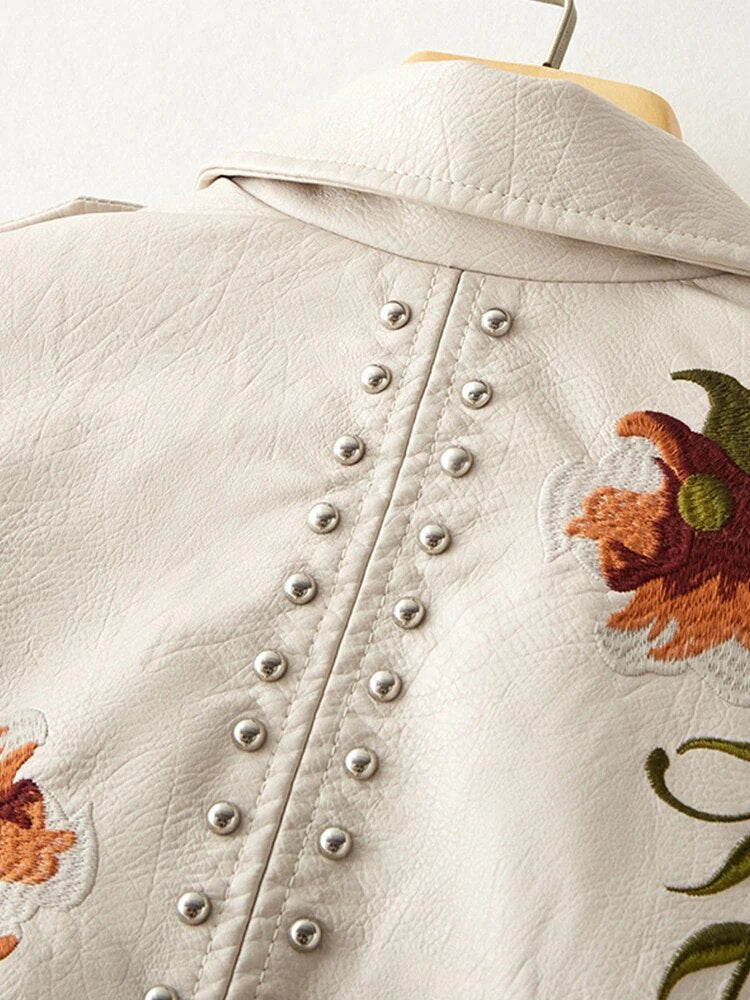 Women's embroidered biker jacket Susannah in Beige – studded back detail