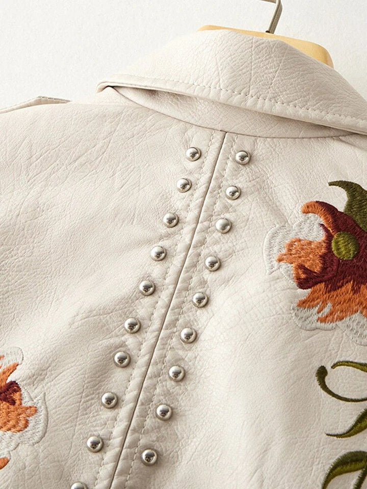 Women's embroidered biker jacket Susannah in Beige – studded back detail