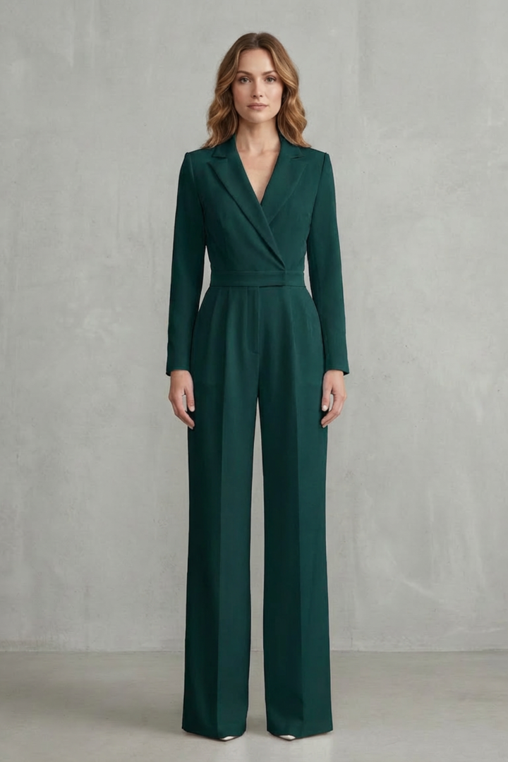 Women's Long Sleeve Wide Leg Jumpsuit with Lapel Collar - Jossaline