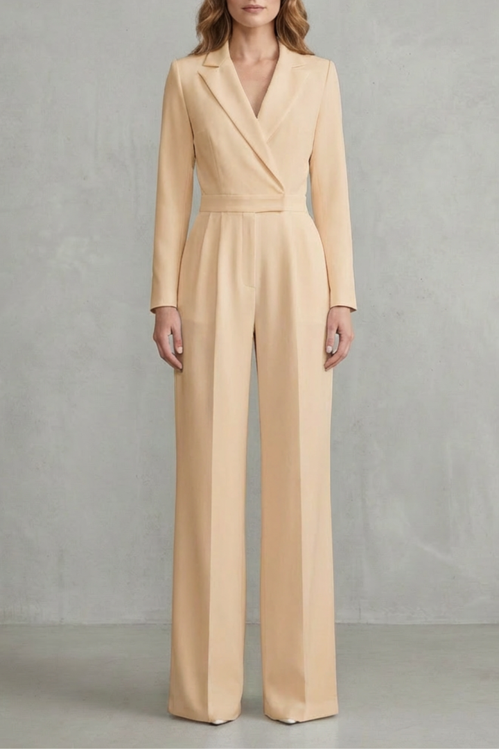 Women's Long Sleeve Wide Leg Jumpsuit with Lapel Collar - Jossaline