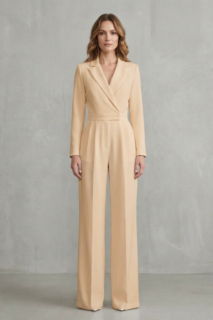 Women's Long Sleeve Wide Leg Jumpsuit with Lapel Collar - Jossaline