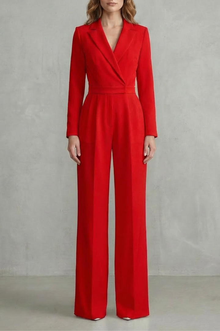 Women's Long Sleeve Wide Leg Jumpsuit with Lapel Collar - Jossaline