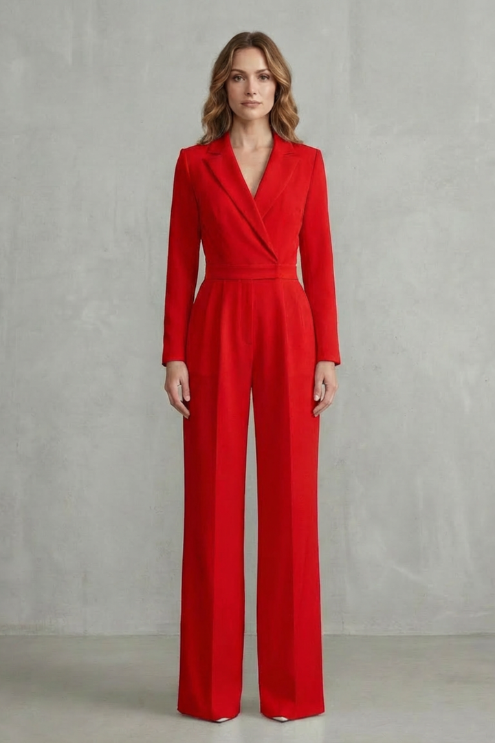 Women's Long Sleeve Wide Leg Jumpsuit with Lapel Collar - Jossaline