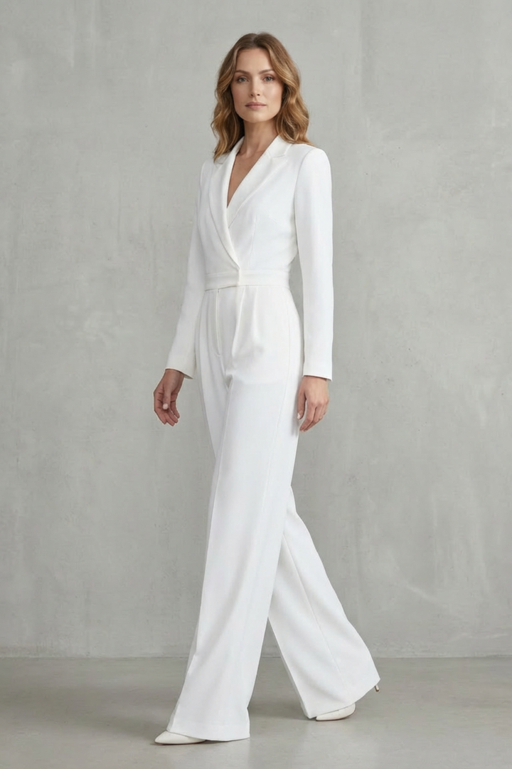 Women's Long Sleeve Wide Leg Jumpsuit with Lapel Collar - Jossaline