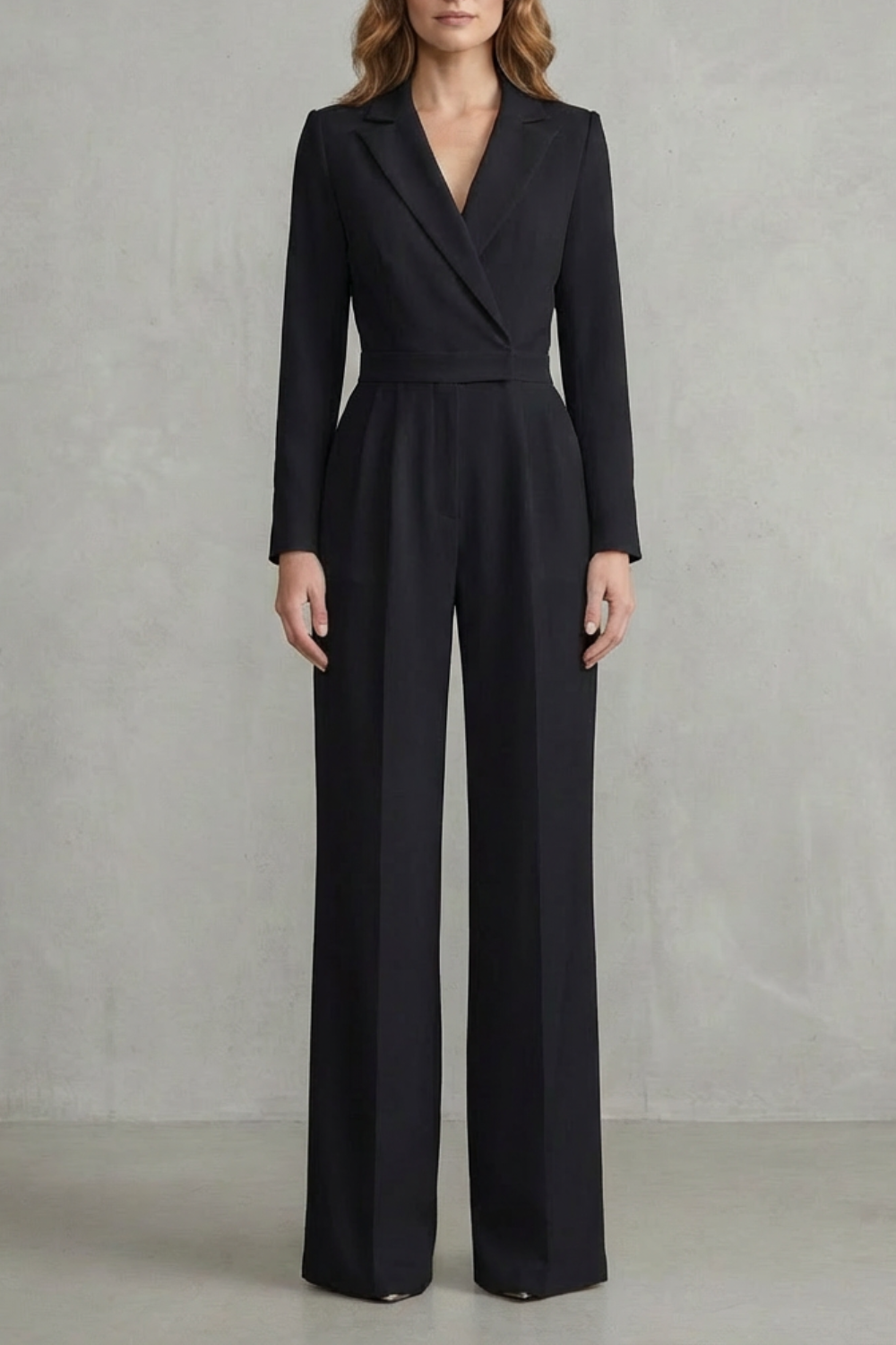 Women's Long Sleeve Wide Leg Jumpsuit with Lapel Collar - Jossaline