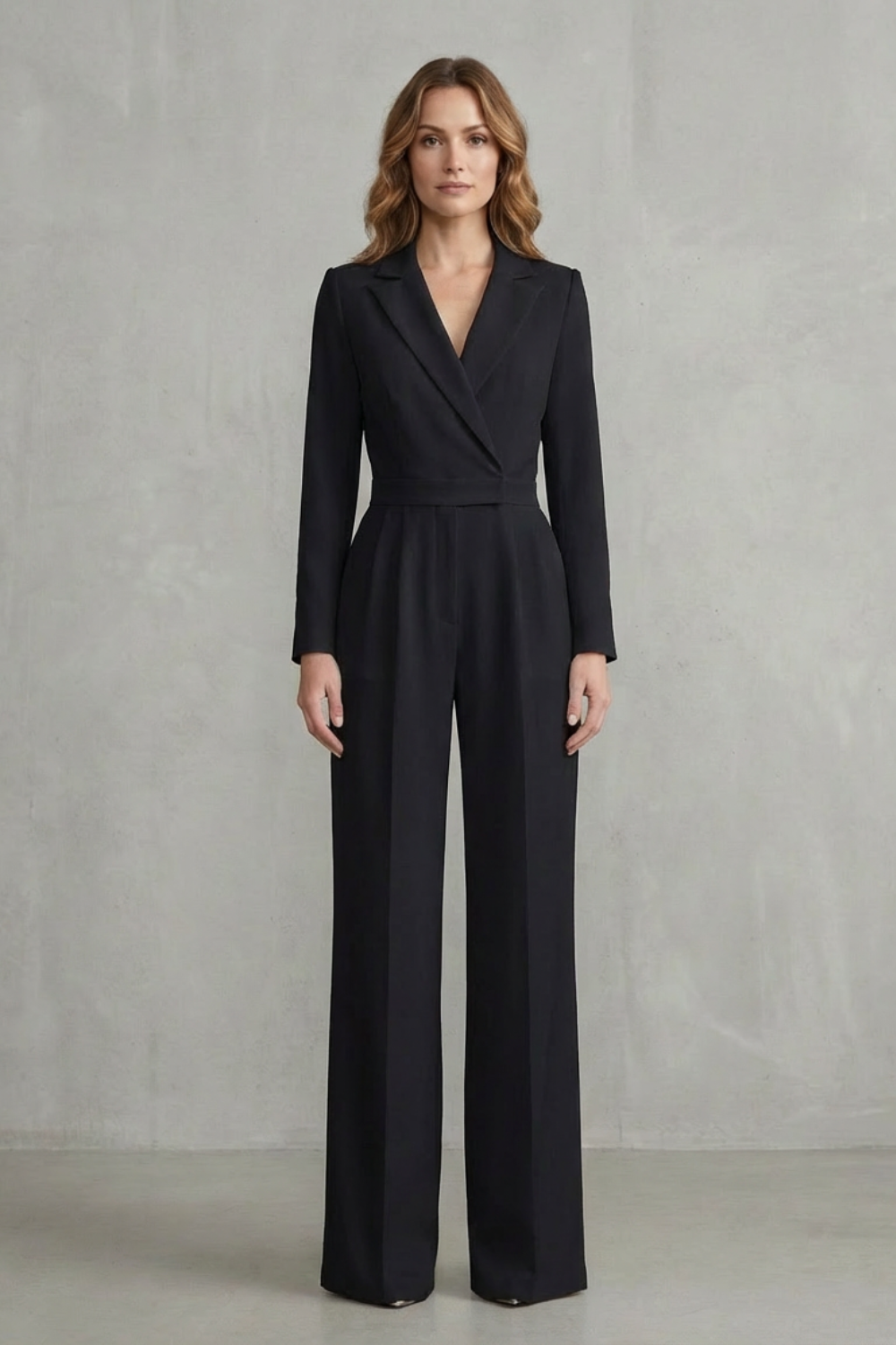 Women's Long Sleeve Wide Leg Jumpsuit with Lapel Collar - Jossaline