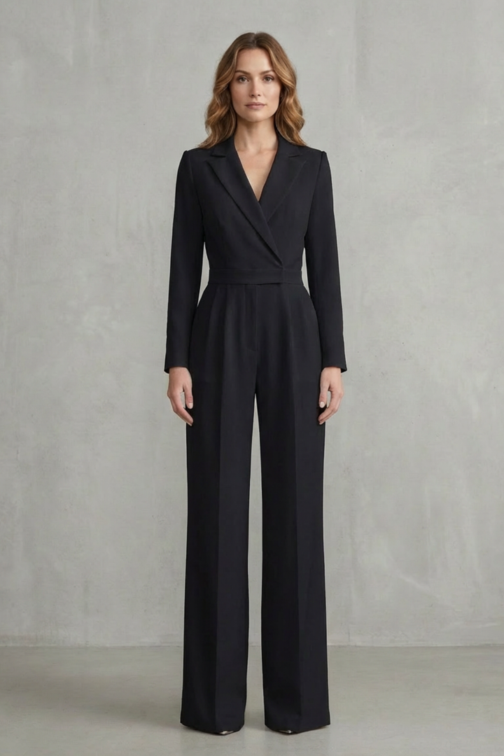 Women's Long Sleeve Wide Leg Jumpsuit with Lapel Collar - Jossaline