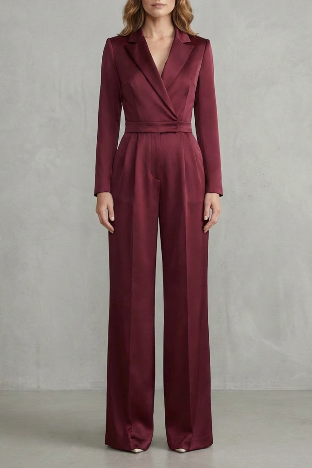 Women's Long Sleeve Wide Leg Jumpsuit with Lapel Collar - Jossaline