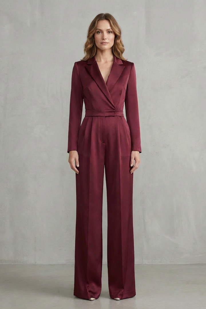 Women's Long Sleeve Wide Leg Jumpsuit with Lapel Collar - Jossaline